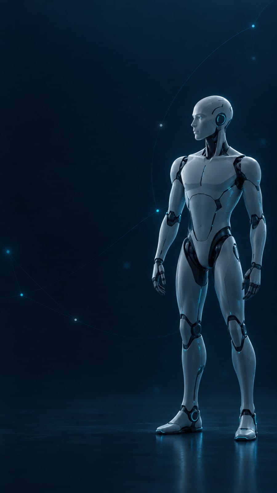 Robot fotorrealista de cuerpo entero sobre fondo azul marino con circuitos cian, la imagen de marca de Twin2.me